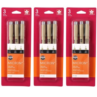 Sakura Pigma Micron Pens, Black, Assorted Sizes, 3 Per Pack, 3 Packs