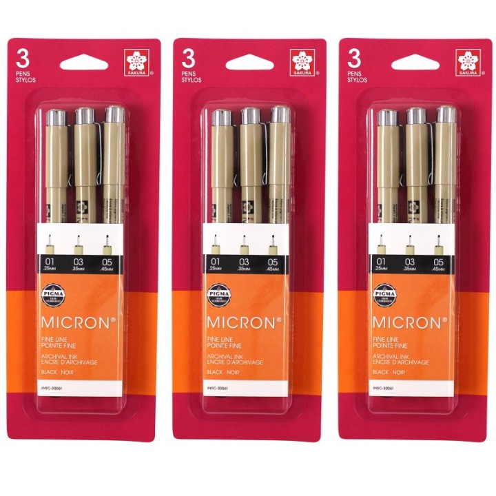 Sakura Pigma Micron Pens, Black, Assorted Sizes, 3 Per Pack, 3 Packs
