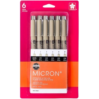 Sakura Pigma Micron Pens, Black, Assorted Sizes, 6-Piece Set, Blister Card