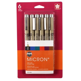 Sakura Pigma Micron Pens, Size 05, Assorted Colors, 6-Piece Set, Blister Card