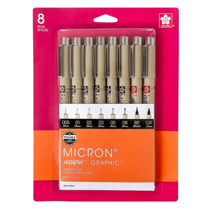 Sakura Pigma Micron Pens, Black, Assorted Sizes, 8-Piece Set, Blister Card