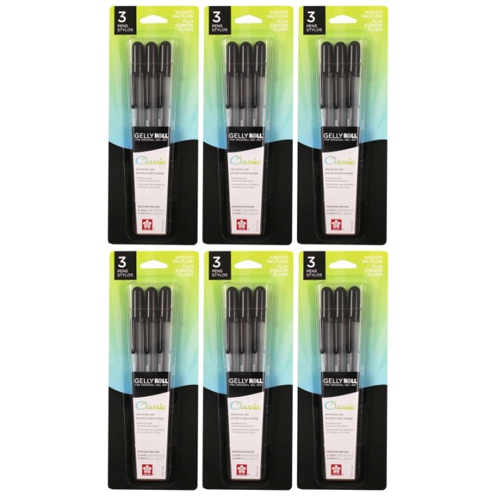 Sakura Gelly Roll Classic Gel Ink Pens, 08 Medium, Black, 3 Per Pack, 6 Packs