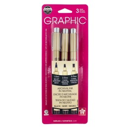 Sakura Pigma Graphic Pens, Black, Assorted Tips, 3-Piece Set, Blister Card