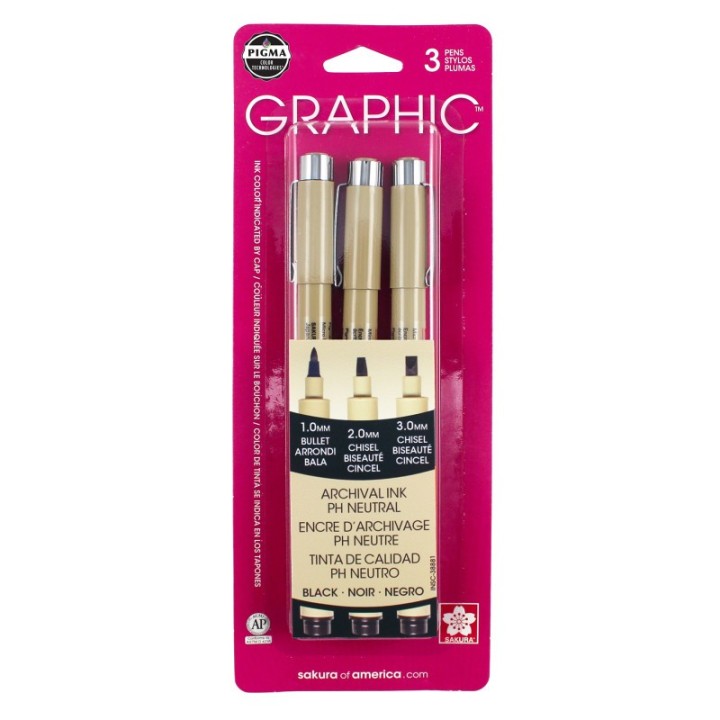 Sakura Pigma Graphic Pens, Black, Assorted Tips, 3-Piece Set, Blister Card