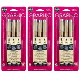 Sakura Pigma Graphic Pens, Black, Assorted Tips, 3 Per Pack, 3 Packs