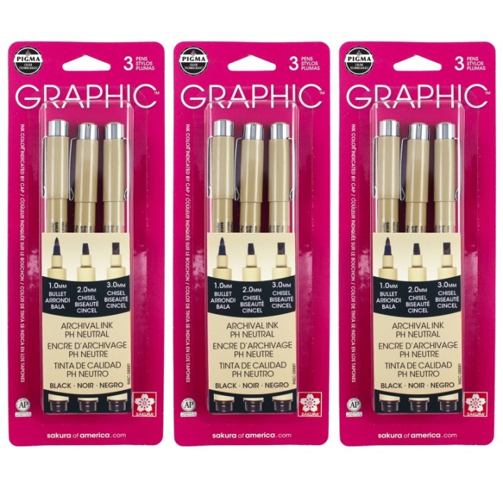 Sakura Pigma Graphic Pens, Black, Assorted Tips, 3 Per Pack, 3 Packs