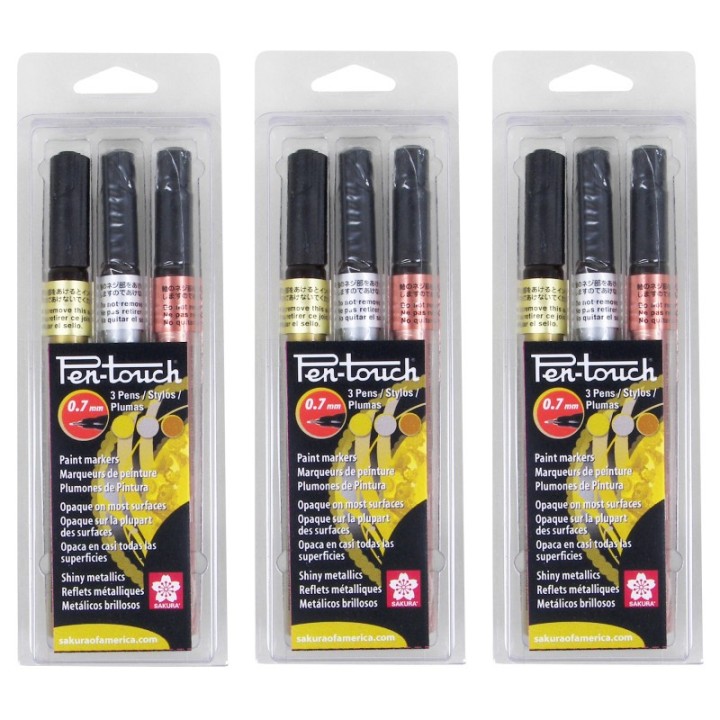 Sakura Pen-Touch Markers, 0.7mm, Assorted Metallics, 3 Per Set, 3 Sets