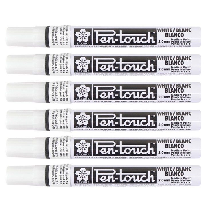 Sakura Pen-Touch Markers, 2.0mm Medium, White, Pack of 6