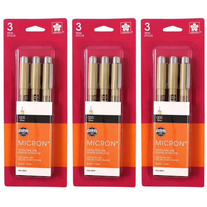 Sakura Pigma Micron Pens, Size 005 Extra Fine Point, Black, 3 Per Set, 3 Sets