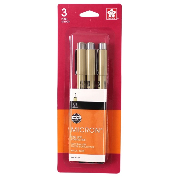 Sakura Pigma Micron Pens, Size 01 Fine Point, Black, 3-Pack, Blister Pack