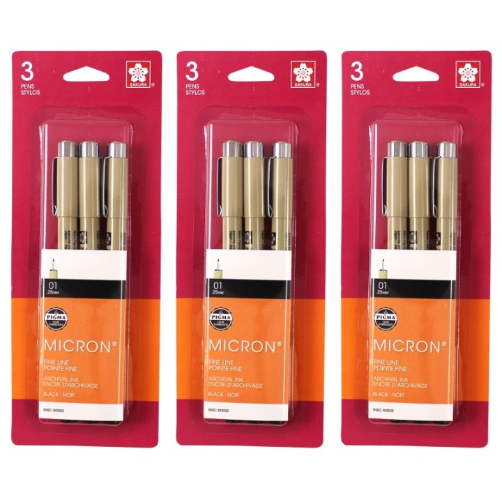 Sakura Pigma Micron Pens, Size 01 Fine Point, Black, 3 Per Set, 3 Sets