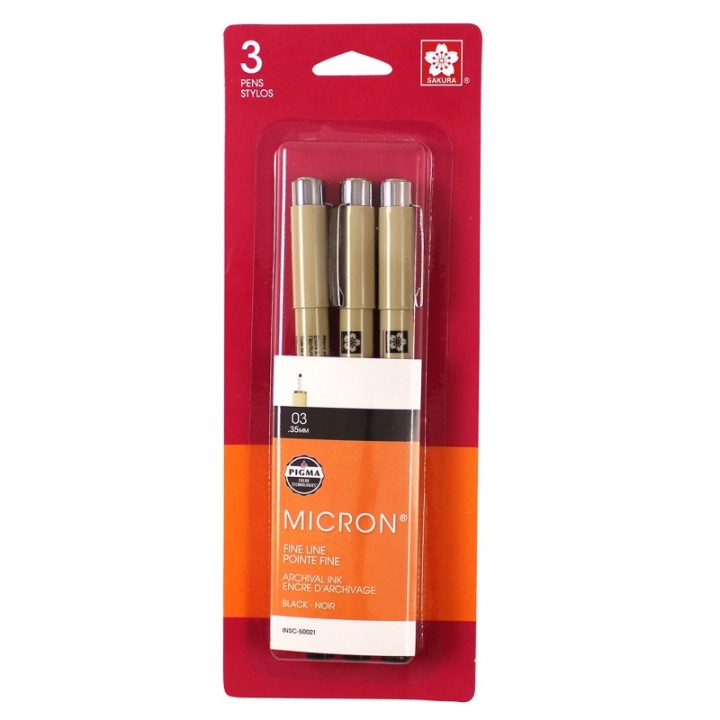 Sakura Pigma Micron Pens, Size 03 Fine Point, Black, 3-Pack, Blister Pack