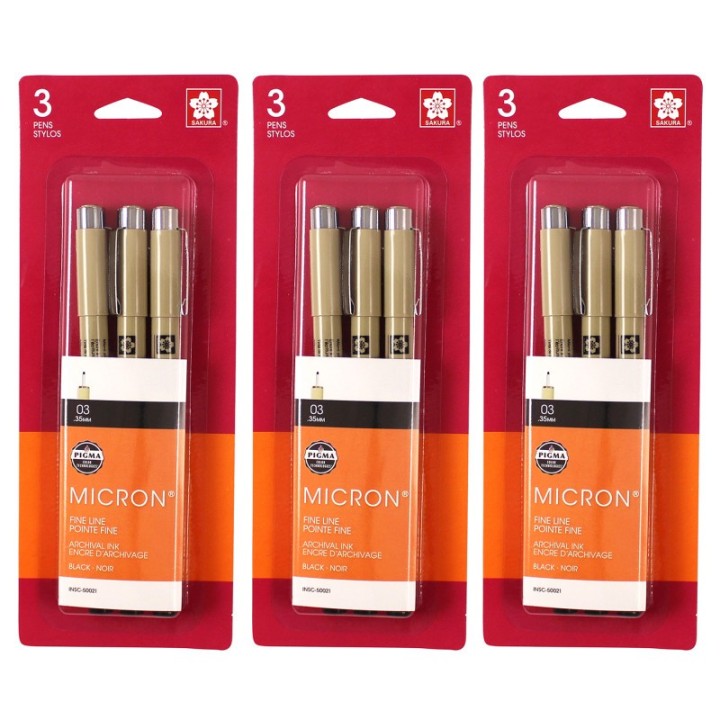 Sakura Pigma Micron Pens, Size 03 Fine Point, Black, 3 Per Set, 3 Sets