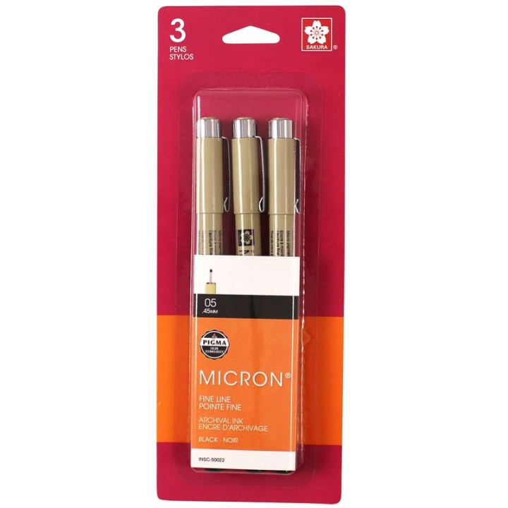 Sakura Pigma Micron Pens, Size 05 Fine Point, Black, 3-Pack, Blister Pack