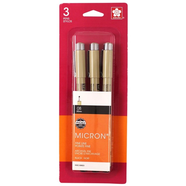 Sakura Pigma Micron Pens, Size 08 Fine Point, Black, 3-Pack, Blister Pack