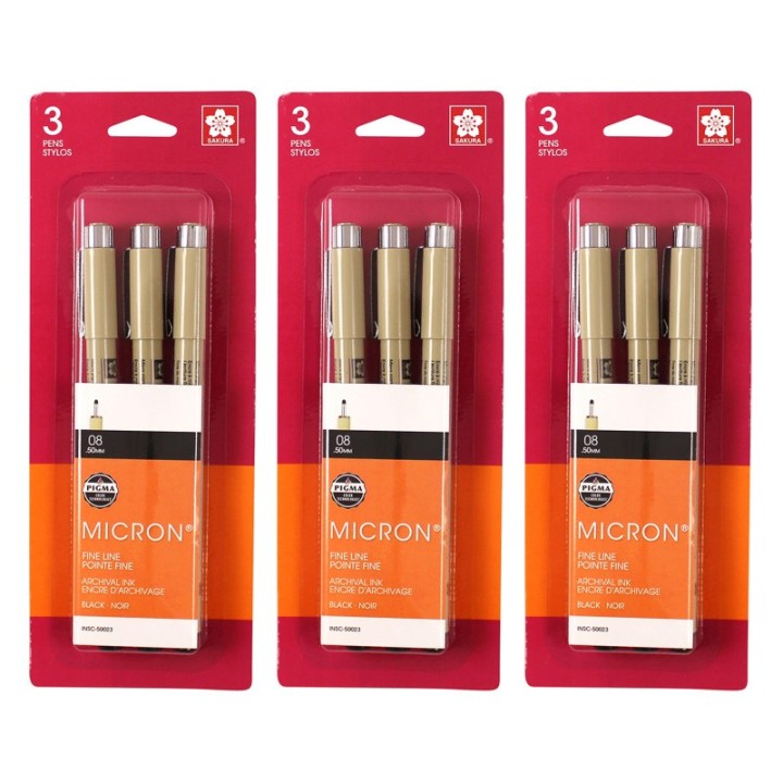 Sakura Pigma Micron Pens, Size 08 Fine Point, Black, 3 Per Set, 3 Sets