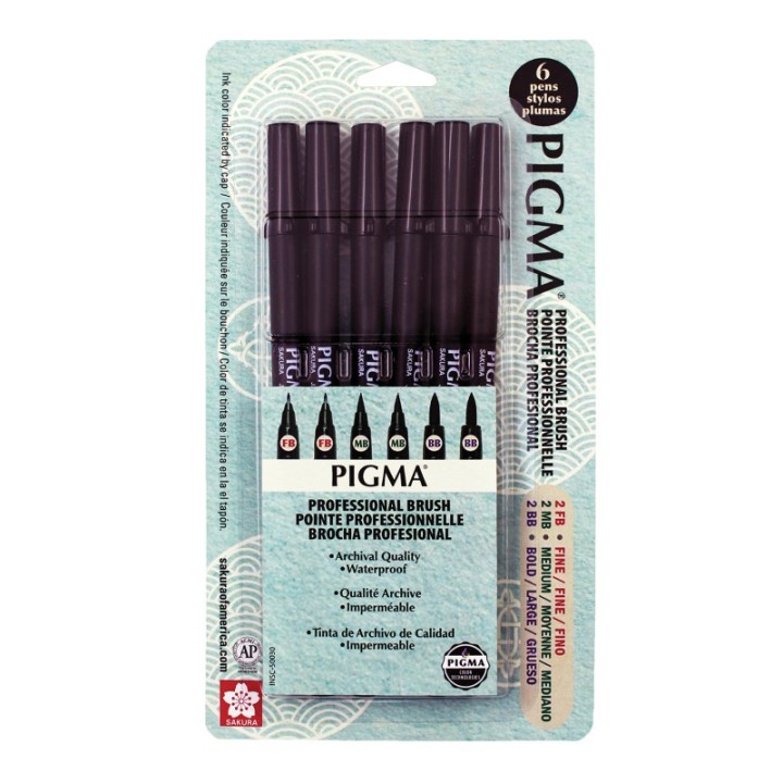 Sakura Pigma Professional Brush Pen, Assorted Sizes, 6-Pack