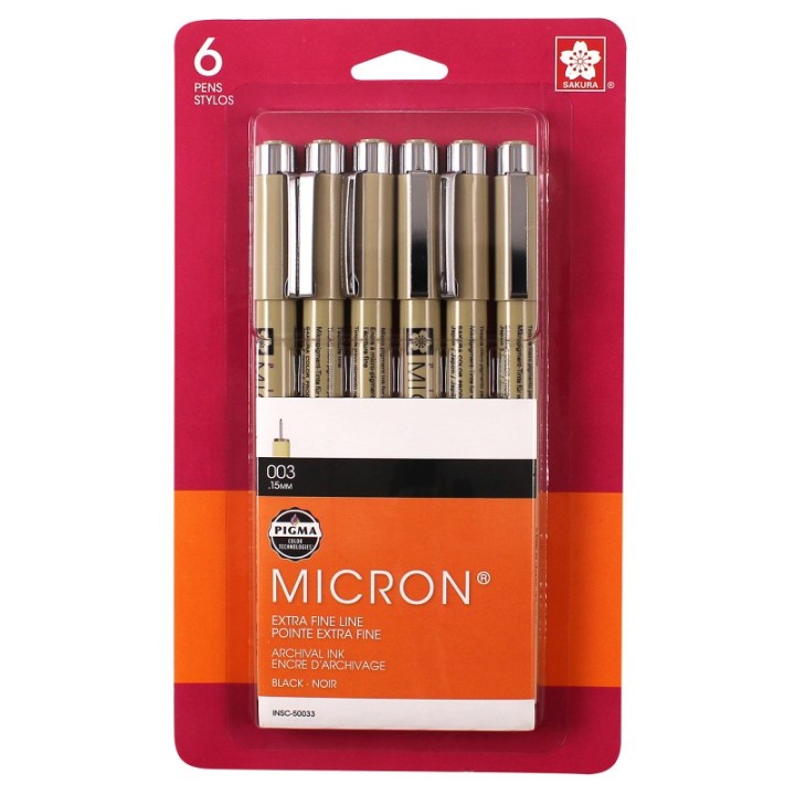 Sakura Pigma Micron Pens, Black, Size 003, 6-Pack, Blister Card
