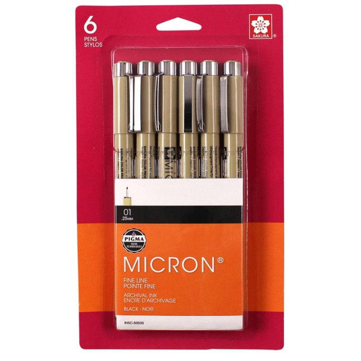 Sakura Pigma Micron Pens, Black, Size 01, 6-Pack, Blister Card