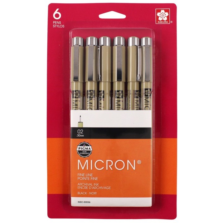 Sakura Pigma Micron Pens, Black, Size 02, 6-Pack, Blister Card