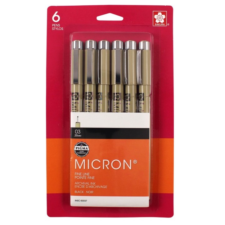 Sakura Pigma Micron Pens, Black, Size 03, 6-Pack, Blister Card