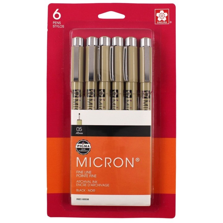 Sakura Pigma Micron Pens, Black, Size 05, 6-Pack, Blister Card