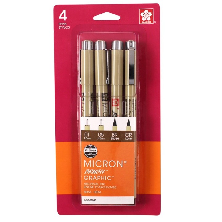 Sakura Pigma Drawing Pens, Sepia, Assorted Sizes, 4-Piece Set, Blister Card