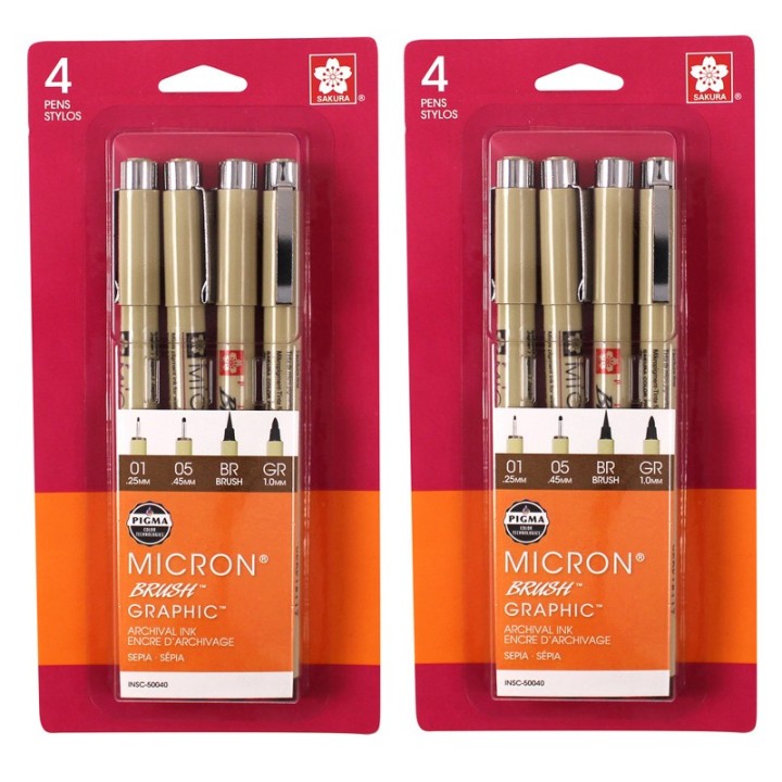 Sakura Pigma Drawing Pens, Sepia, Assorted Sizes, 4 Per Set, 2 Sets