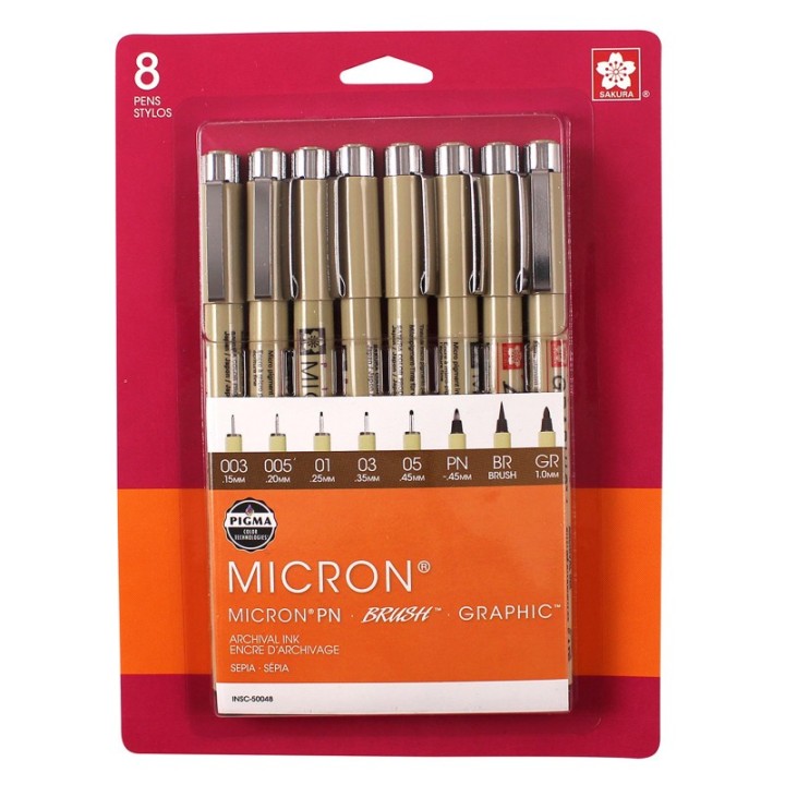 Sakura Pigma Micron Pens, Sepia, Assorted Sizes, 8-Piece Set, Blister Card