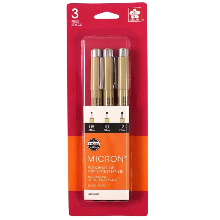 Sakura Pigma Micron Pens, Black, Assorted Sizes, 3-Piece Set, Blister Card