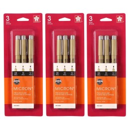 Sakura Pigma Micron Pens, Black, Assorted Sizes, 3 Per Set, 3 Sets