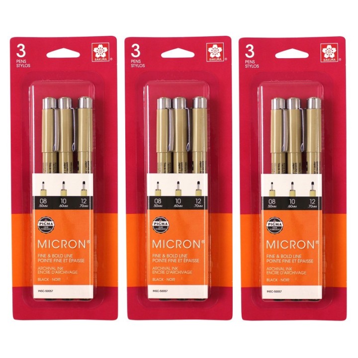 Sakura Pigma Micron Pens, Black, Assorted Sizes, 3 Per Set, 3 Sets