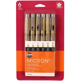 Sakura Pigma Micron Pens, Black, Assorted Sizes, 6-Pack, Blister Card