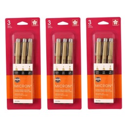 Sakura Pigma Micron Pens, Black, Assorted Sizes, 3 Per Pack, 3 Packs