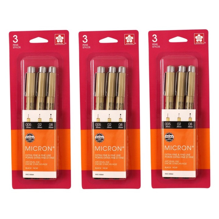 Sakura Pigma Micron Pens, Black, Assorted Sizes, 3 Per Pack, 3 Packs