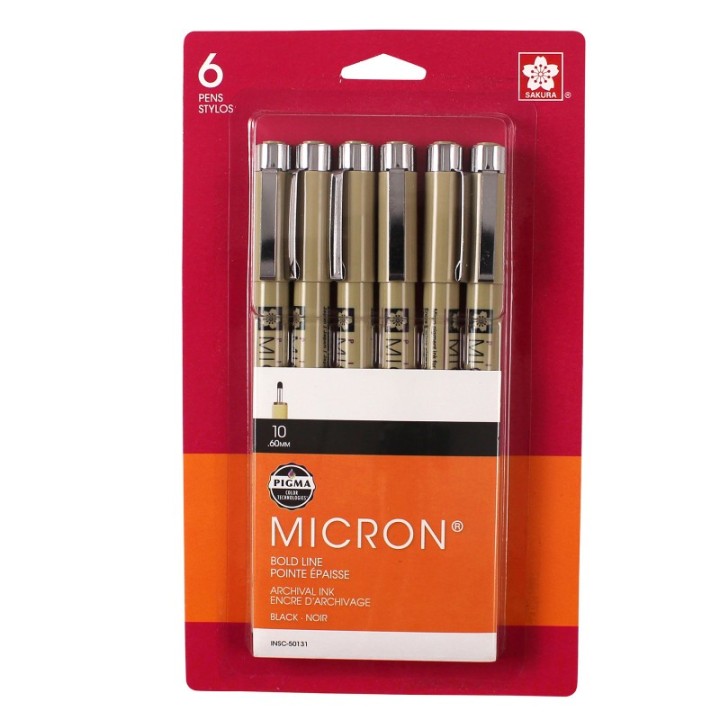Sakura Pigma Micron Pens, Black, Size 10, 6-Pack, Blister Card