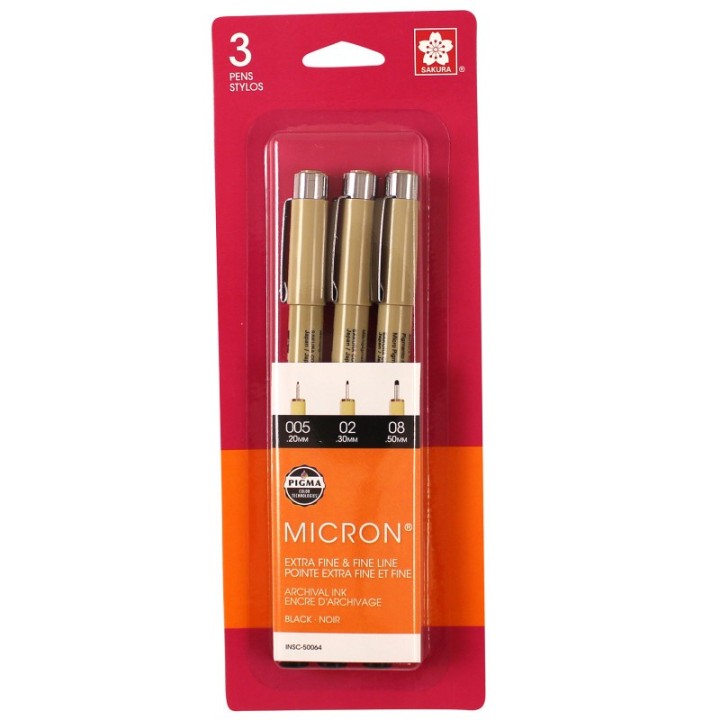 Sakura Pigma Micron Pens, Gray & Black, Assorted Sizes, 3-Set, Blister Card