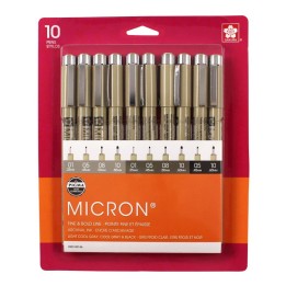 Sakura Pigma Micron Pens, Black & Grays, Assorted Sizes, 10-Piece Set, Blister Card
