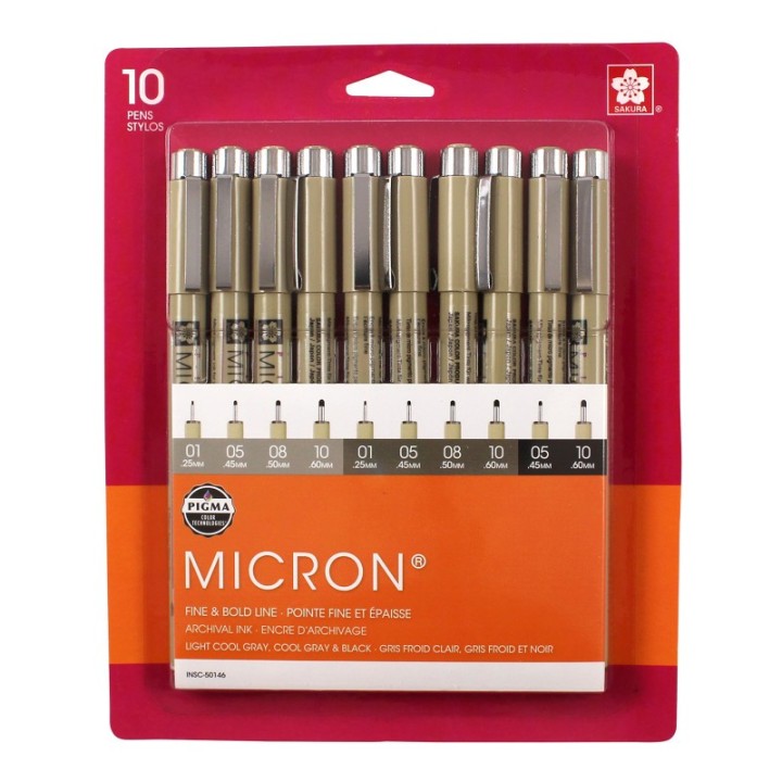 Sakura Pigma Micron Pens, Black & Grays, Assorted Sizes, 10-Piece Set, Blister Card