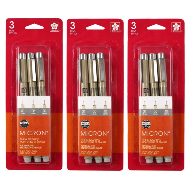 Sakura Pigma Micron Pens, Light Cool Gray, Assorted Sizes, 3 Per Set, 3 Sets