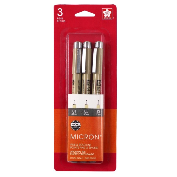 Sakura Pigma Micron Pens, Cool Gray, Assorted Sizes, 3-Piece Set, Blister Card
