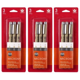 Sakura Pigma Micron Pens, Cool Gray, Assorted Sizes, 3 Per Set, 3 Sets