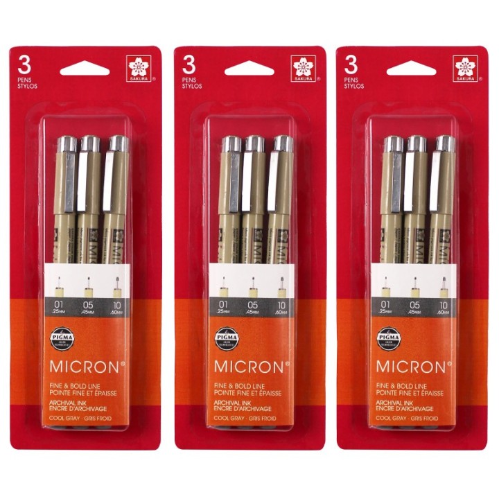 Sakura Pigma Micron Pens, Cool Gray, Assorted Sizes, 3 Per Set, 3 Sets