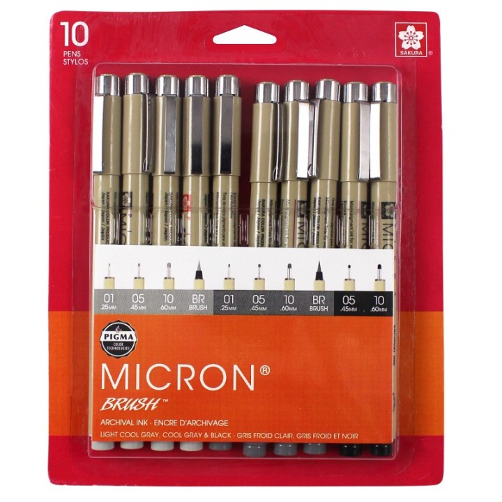 Sakura Pigma Micron Pens, Black & Grays, Assorted Sizes, 10-Piece Set, Blister Card