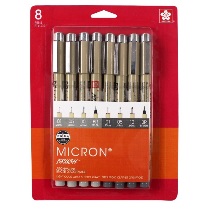 Sakura Pigma Micron Pens, Grays, Assorted Sizes, 8-Piece Set, Blister Card