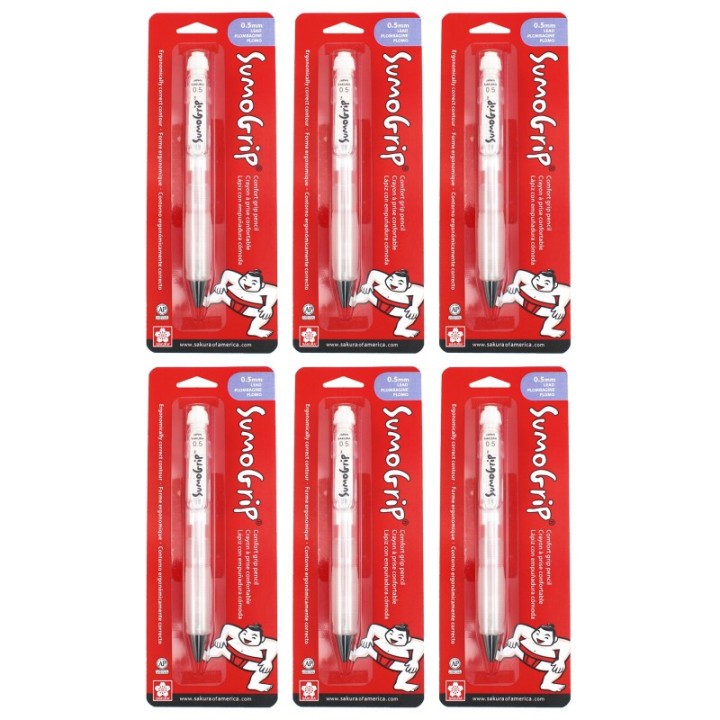 Sakura SumoGrip Comfort Grip Mechanical Pencil, 0.5mm, White, Blister Card, Pack of 6