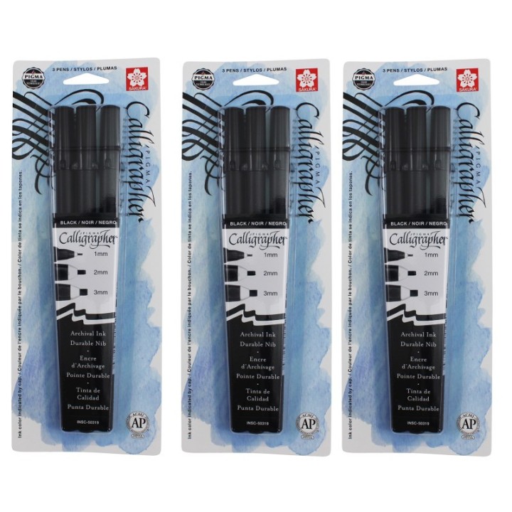 Sakura Pigma Calligrapher, Black, Assorted Sizes, 3 Per Set, 3 Sets