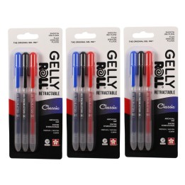 Sakura Retractable Classic Gel Pens, 08 Medium Point, Assorted Colors, 3 Per Set, 3 Sets