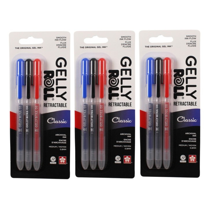 Sakura Retractable Classic Gel Pens, 08 Medium Point, Assorted Colors, 3 Per Set, 3 Sets