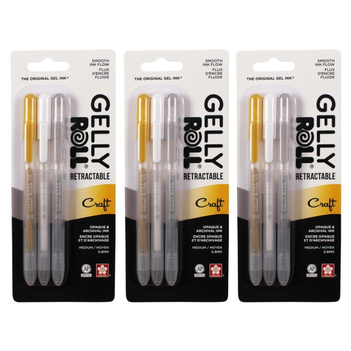 Sakura Retractable Craft Gel Pens, 08 Medium Point, Assorted Colors, 3 Per Set, 3 Sets